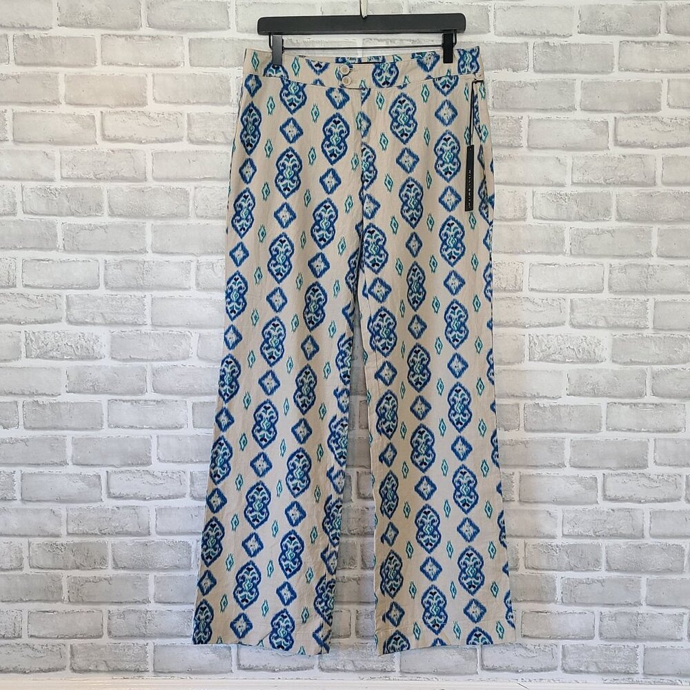 Willi Smith Linen Blend Pants Geometric Print Wide Leg Coastal Boho Resort NEW 6